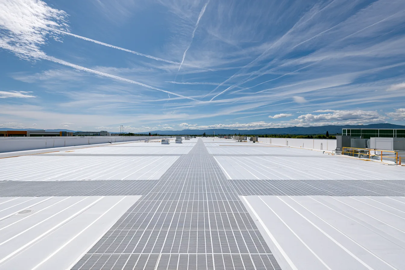 Walkway pad path leading across a white flat roof under a dramatic sky