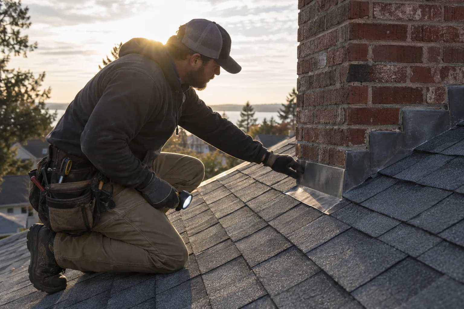 Illustration of a backlit roofer examining chimney flashing on a shingle roof